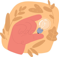 Vector illustration of Huge hand holding tiny businesswoman, clock and lightbulb. Hand with creative organized office worker Time management, creativity concept for banner or landing web page