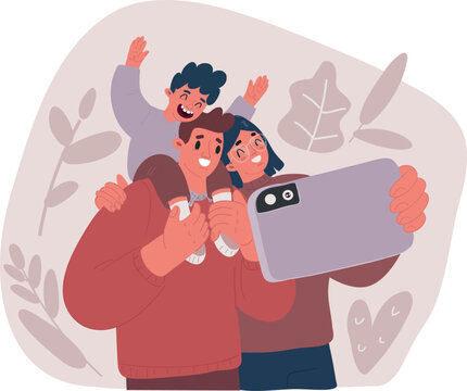 Vector illustration of Family taking picture with phone or talk with friends or relatives on chat. Happy moments. Mother, father and son, kid sittin on fathers shoulders.
