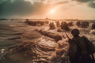 A dynamic impactful image capturing the chaos and bravery of the soldiers storming the beaches of Normandy during the intense D-Day invasion. Generative AI - obrazy, fototapety, plakaty