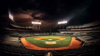 Fototapeta na wymiar Baseball field at night with dramatic lighting