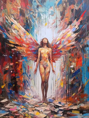 Fototapeta na wymiar Angel with wings on a colorful space in oil painting style, created with Generative AI technology