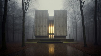 Enormous building in the mist, created with Generative AI technology