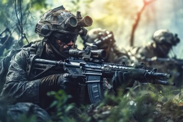 Fototapeta premium Group of soldiers in intense combat situations, representing the chaos and bravery. Generative AI