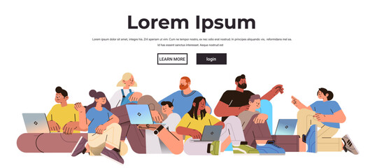 mix race people group using laptops social media communication digital addiction freelance concept