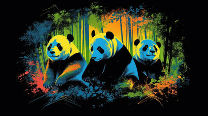 Fototapeta na wymiar Vintage-style illustration of a panda in a bamboo forest Neon Rockstar panda with summer vibes