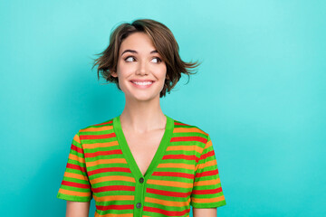 Fototapeta premium Photo of positive nice person beaming smile look empty space imagine isolated on cyan color background