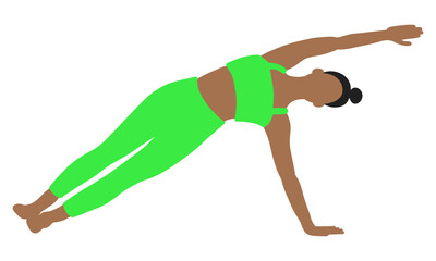 Flexibility pilates yoga pose. African American female, lady, woman, girl. Meditation, pilates, mental health, training gym. Vector illustration in cartoon flat style isolated on white background.