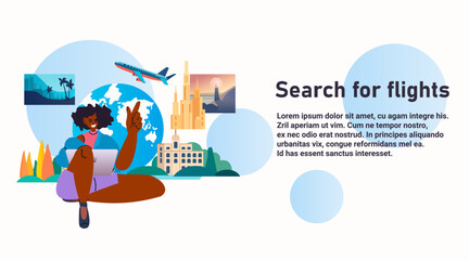 young woman using laptop search for flights summer vacation holiday time to travel concept