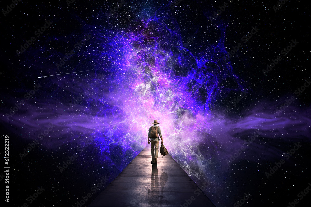 Poster man in front of the universe. ai generative