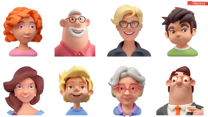 Cartoon character face, 3d avatar vector icon set - 612322216