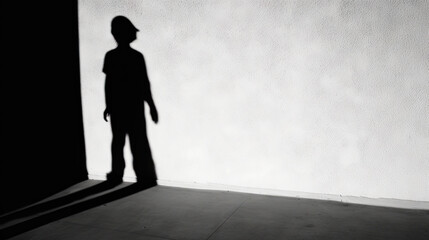 Obraz premium Silhouette of a boy shadow in front of a wall. Generative AI.