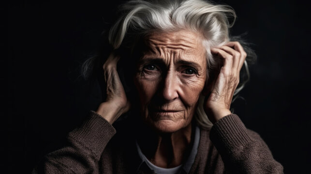 Portrait Of An Elderly Woman On A Black Background With Alzheimer's Sadly Looking.  Generative AI.