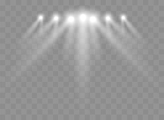 Spotlights With Rays. Shining light beams isolated. Vector transparent light effect
