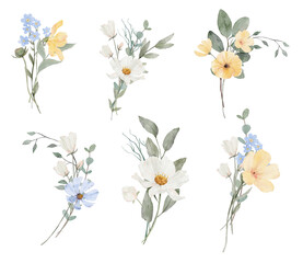 Set of watercolor flower bouquets. Yellow, pink, white wildflowers.Illustration for greeting cards, invitations and other.