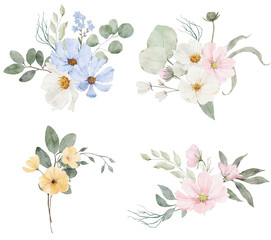 Set of watercolor flower bouquets. Yellow, pink, white wildflowers.Illustration for greeting cards, invitations and other.