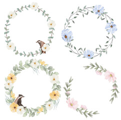 Set of watercolor wreaths with badger. Blue, yellow, white, pink flowers.