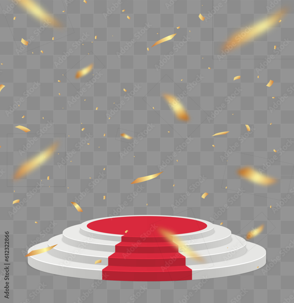 Poster Empty white stage with red carpet and with gold confetti. Winner vector background
