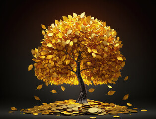 golden gold coin tree has coins on background