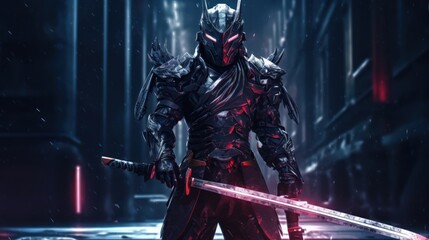 Cybernetically enhanced street samurai, wielding a high tech sword and sporting advanced armor, ready to take on any challenge in a cyberpunk world