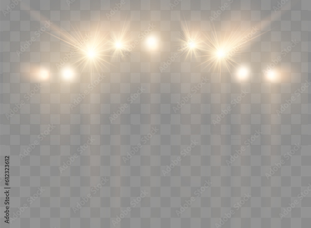 Poster spotlights with rays. shining golden light beams isolated. vector transparent light effect