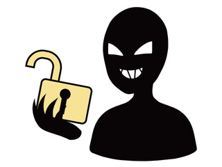ロックが解除された鍵を手に持つ黒色の悪人イメージのイラスト素材
