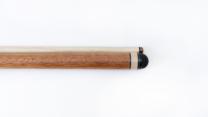 Billiard cues on a white background. Parts of a billiard cue close-up. Live photos of a billiard cue. The Art of Billiards in Motion.