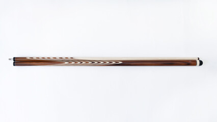 Billiard cues on a white background. Parts of a billiard cue close-up. Live photos of a billiard cue. The Art of Billiards in Motion.