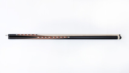 Billiard cues on a white background. Parts of a billiard cue close-up. Live photos of a billiard cue. The Art of Billiards in Motion.