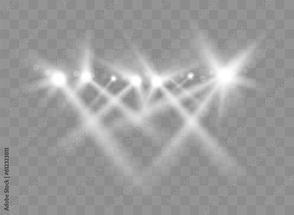Poster spotlights with rays. shining light beams isolated. vector transparent light effect