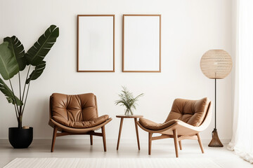 Blank picture frame mockup on gray wall. White living room design. generative AI	