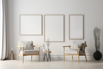 Blank picture frame mockup on gray wall. White living room design. generative AI	