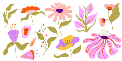 Set of Various Aesthetic Flora Isolated. Flowers and leaves gentle pastel. Flat vector illustration. Aesthetic hand drawn organic plant purple and pink color.