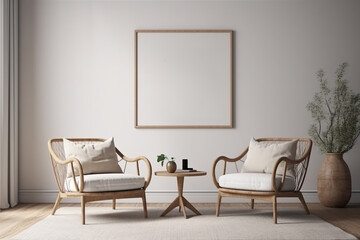 Blank picture frame mockup on gray wall. White living room design. generative AI	