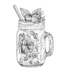 Hand drawn smoothie in glass jar and ingredients. Sketch of vegan food. Healthy Lifestyle with detox. Vector hand drawn illustration.