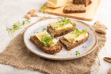 Grain bread sandwiches with cheese and watercress microgreen on gray concrete, side view, close up.