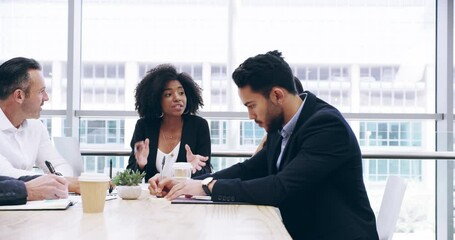 Business people, woman leadership and talking in meeting, corporate discussion and group planning. Executive manager, team and office employees in collaboration, seminar or brainstorming in boardroom