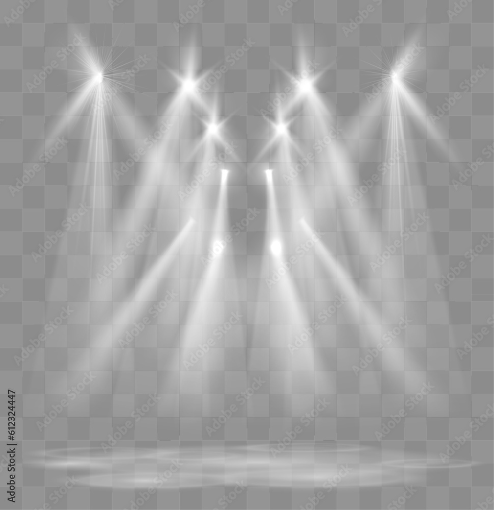 Poster Spotlights With Rays. Shining light beams isolated. Vector transparent light effect