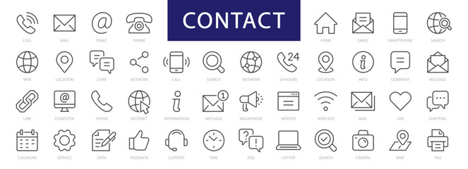 Fototapeta na wymiar Contact thin line icons set. Basic Contact icon. Contact editable stroke icons collection. Phone, Mail, Address, Web icon. Vector