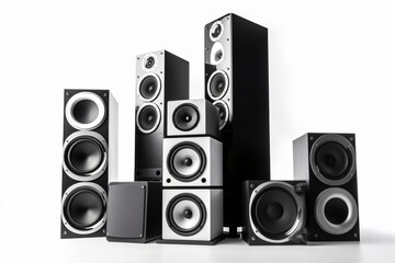 A large stack of vintage music audio speakers, generative ai