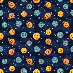 Seamless vector pattern with cartoon planets of the solar system. Vector illustration. Suitable for wallpaper, print, t-shirt, banner, pattern.