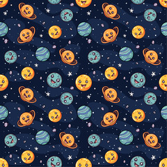 Seamless vector pattern with cartoon planets of the solar system. Vector illustration. Suitable for wallpaper, print, t-shirt, banner, pattern.