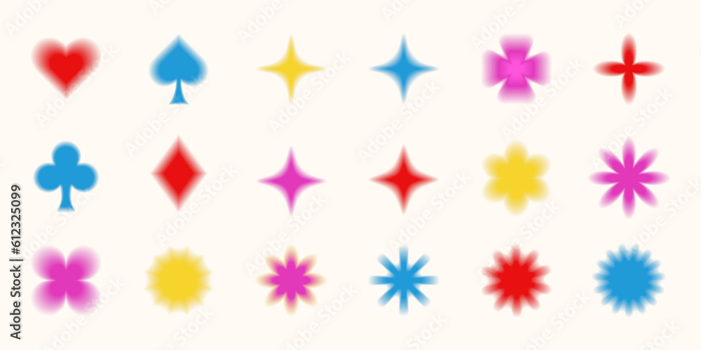 Poster trendy shape collection, blurred colorful objects and card symbols, flowers in y2k aesthetics. vecto