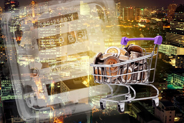 Coin shopping cart On electricity meter background, city and light, energy business concept