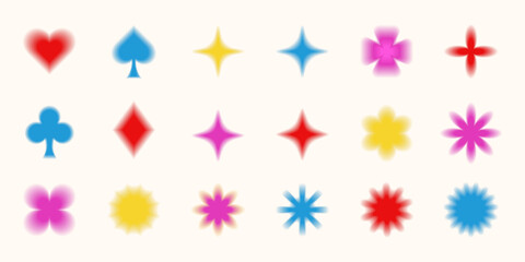 Trendy shape collection, blurred colorful objects and card symbols, flowers in Y2K aesthetics. Vector set of design graphic elements and decorations.