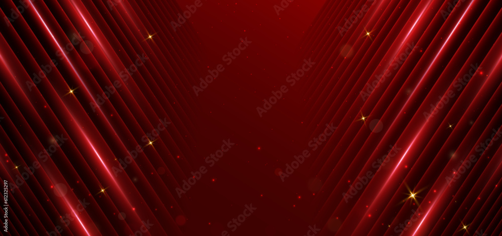 Poster abstract elegant dark red background with red neon line and lighting effect sparkle.