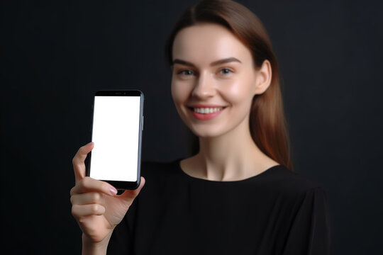 Woman holding smartphone with blank white screen. Smartphone mock up. Empty, copy space for app, game, website presentation. Empty mobile phone screen ready for your design. Generative AI.