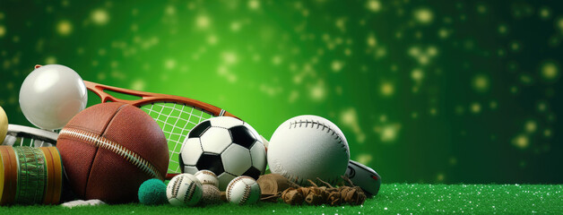 Sports items arranged with green background