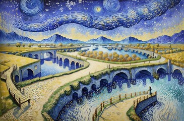 Fototapeta na wymiar Starry night - Vincent van Gogh painting style, landscape in blue tones, masterpiece, Generative AI