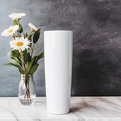 Modern White Tumbler Mockup with Flower Vases in Boho Studio: Contemporary Drinkware Image