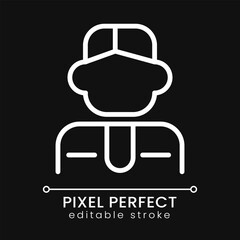 Manager pixel perfect white linear icon for dark theme. Company employee. Business specialist. Office worker Thin line illustration. Isolated symbol for night mode. Editable stroke. Poppins font used